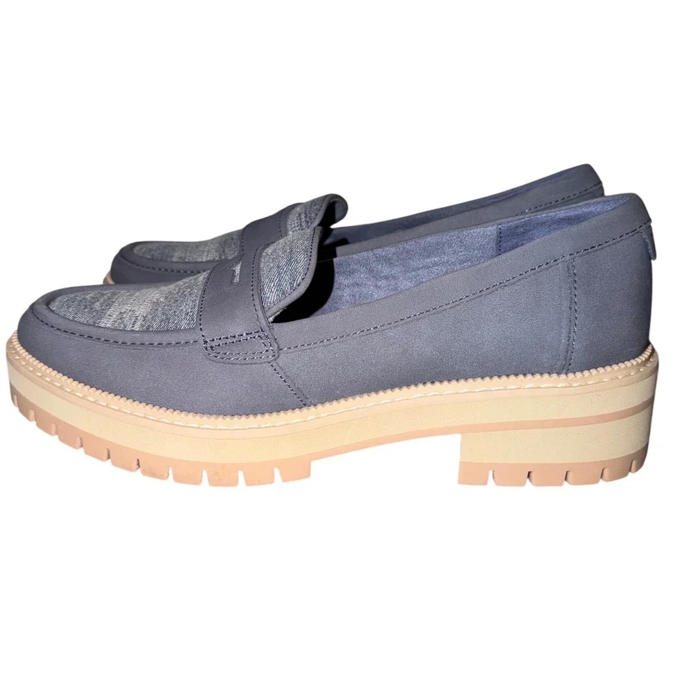 TOMS Cara Grey Leather Textile Chunky Platform Penny Loafers 8.5